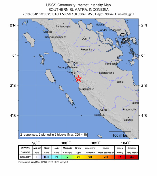 USGS DYFI community-reported intensity map for the M5.0 earthquake near southern Sumatra, Indonesia