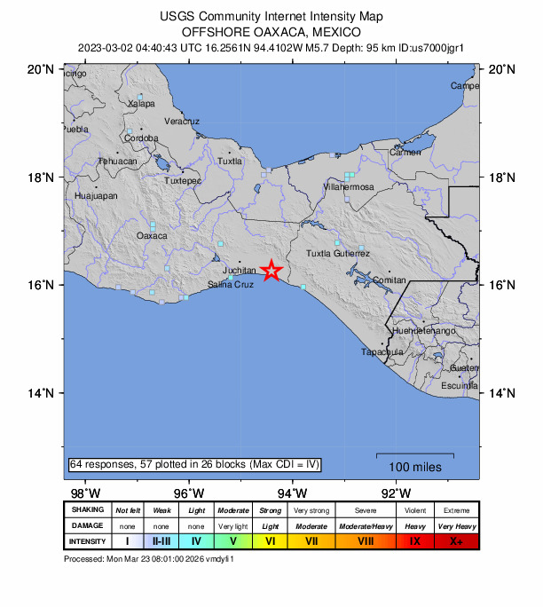 USGS DYFI community-reported intensity map for the M5.7 earthquake near Oaxaca, Mexico