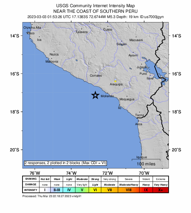 USGS DYFI community-reported intensity map for the M5.3 earthquake near 51 km SSW of Quilca, Peru