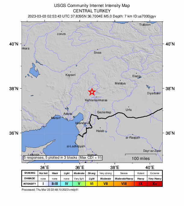 USGS DYFI community-reported intensity map for the M5.0 earthquake near 26 km SE of Göksun, Turkey