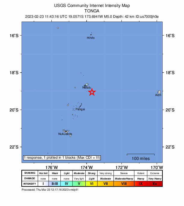 USGS DYFI community-reported intensity map for the M5.0 earthquake near 54 km SE of Neiafu, Tonga
