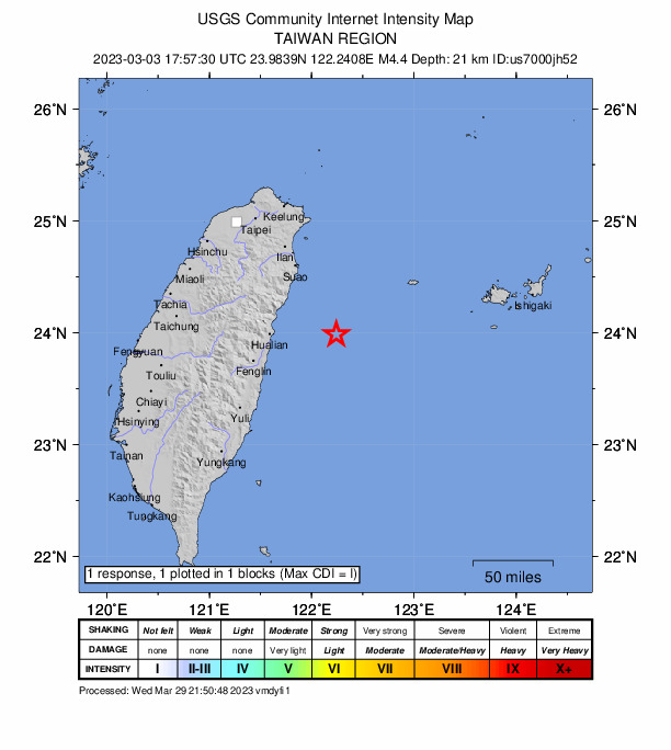 USGS DYFI community-reported intensity map for the M4.4 earthquake near 64 km E of Hualien City, Taiwan