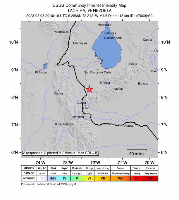 USGS DYFI community-reported intensity map for the M4.6 earthquake near 8 km NNE of La Fría, Venezuela