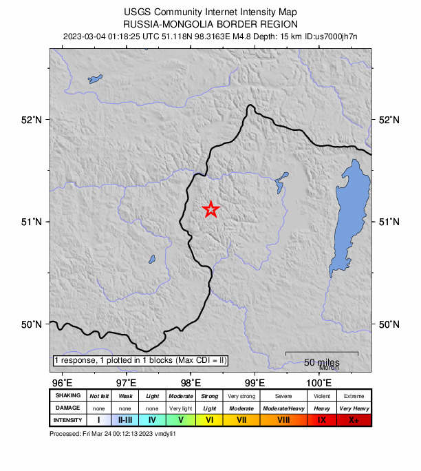 USGS DYFI community-reported intensity map for the M4.8 earthquake near 78 km NE of Kungurtug, Russia