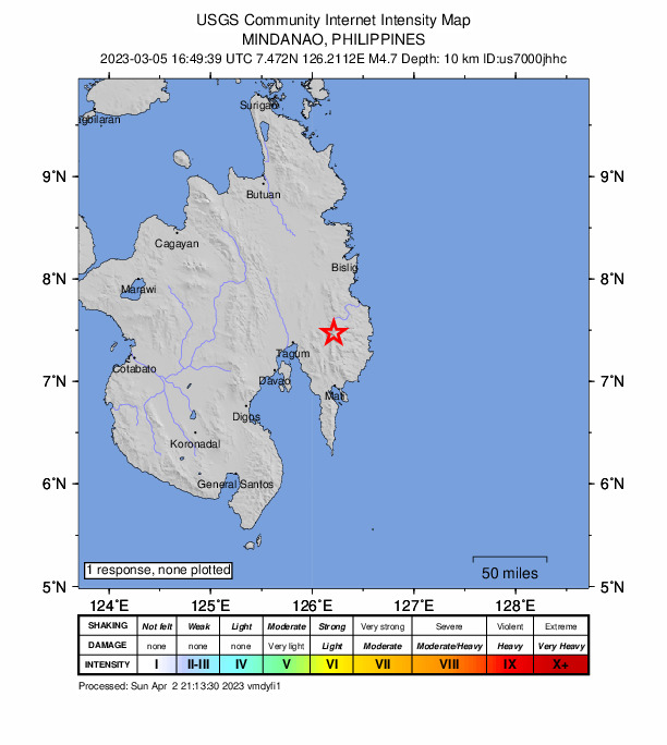 USGS DYFI community-reported intensity map for the M4.7 earthquake near Compostela Valley, Philippines