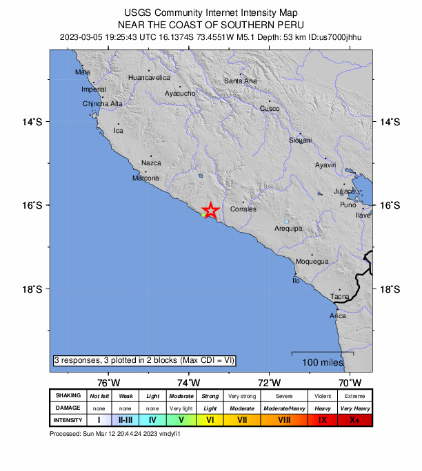 USGS DYFI community-reported intensity map for the M5.1 earthquake near 17 km ENE of Atico, Peru