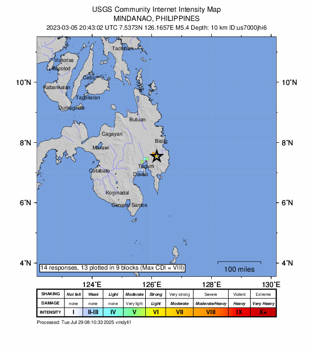 USGS DYFI community-reported intensity map for the M5.4 earthquake near 10 km SSE of Bantacan, Philippines