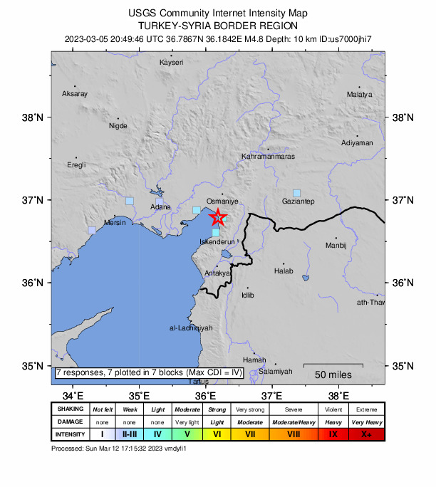 USGS DYFI community-reported intensity map for the M4.8 earthquake near 7 km SW of Dörtyol, Turkey
