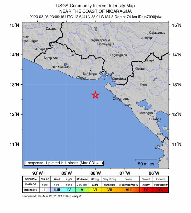 USGS DYFI community-reported intensity map for the M4.3 earthquake near 61 km S of Intipucá, El Salvador