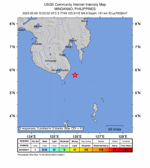 USGS DYFI community-reported intensity map for the M4.8 earthquake near 33 km ESE of Caburan, Philippines