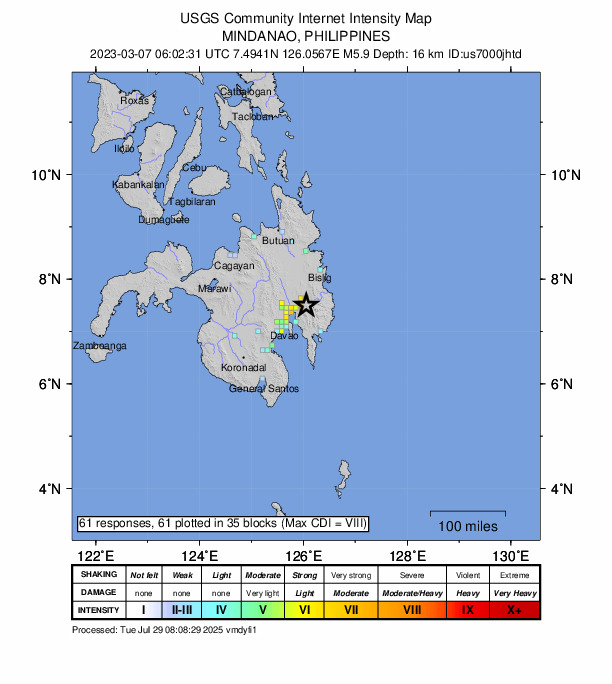USGS DYFI community-reported intensity map for the M5.9 earthquake near 6 km SE of Manat, Philippines