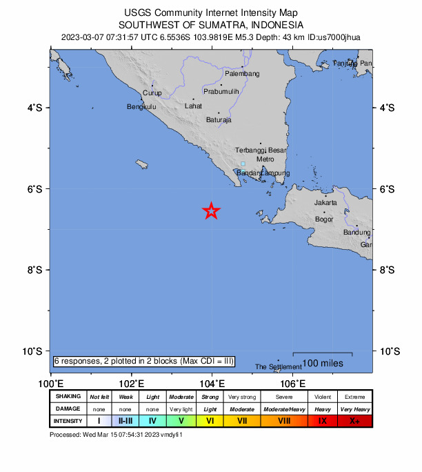 USGS DYFI community-reported intensity map for the M5.3 earthquake near 180 km SW of Bandar Lampung, Indonesia