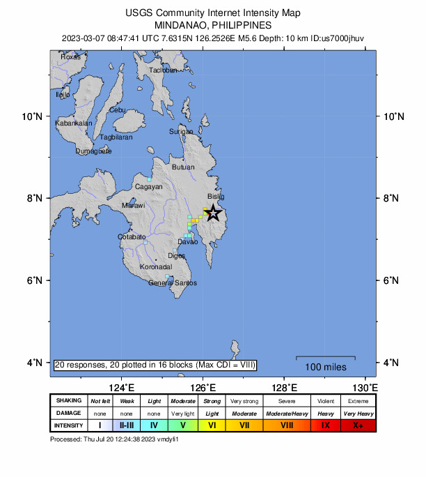 USGS DYFI community-reported intensity map for the M5.6 earthquake near 13 km ENE of Bantacan, Philippines