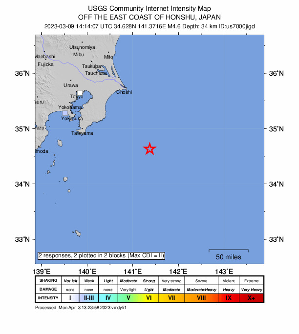 USGS DYFI community-reported intensity map for the M4.6 earthquake near 111 km ESE of Shinmachi, Japan