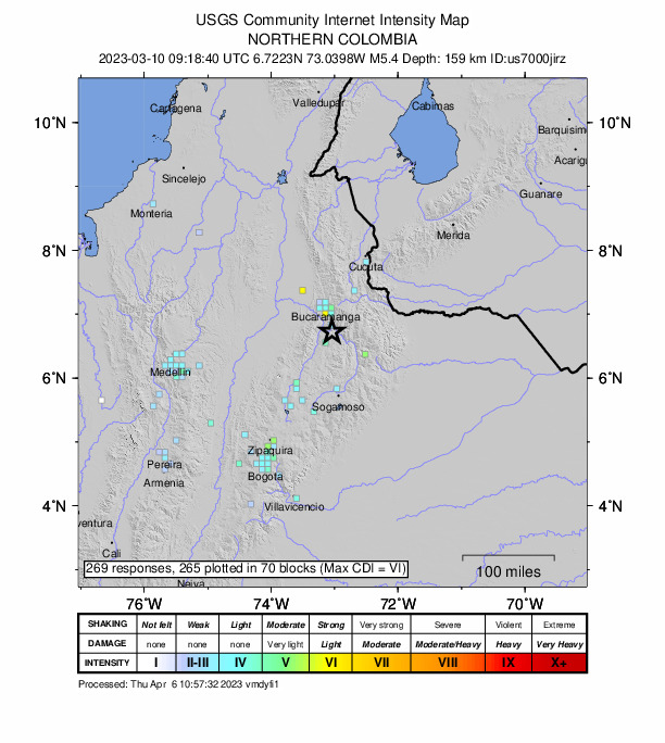 USGS DYFI community-reported intensity map for the M5.4 earthquake near 4 km NNW of Aratoca, Colombia