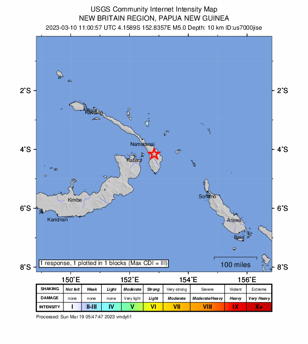 USGS DYFI community-reported intensity map for the M5.0 earthquake near 80 km ENE of Kokopo, Papua New Guinea