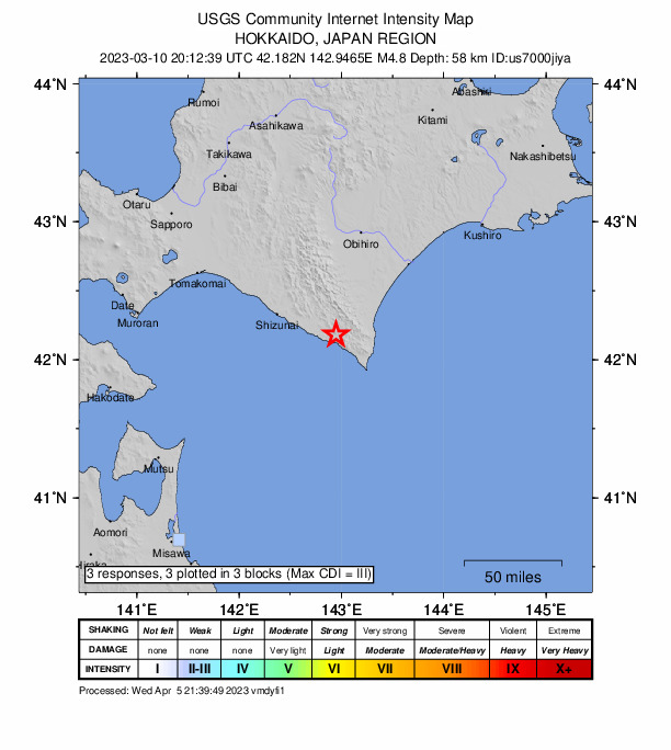 USGS DYFI community-reported intensity map for the M4.8 earthquake near 6 km NNE of Honch?, Japan