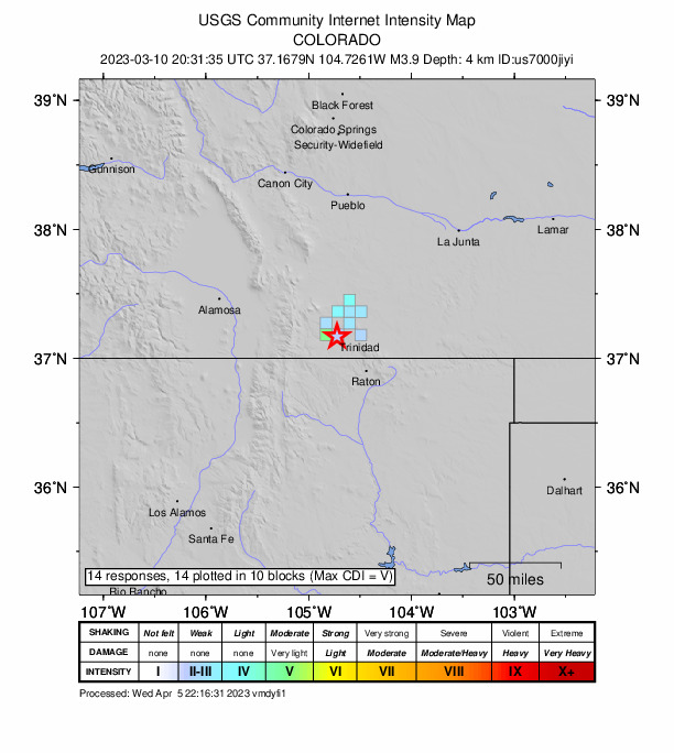 USGS DYFI community-reported intensity map for the M3.9 earthquake near 5 km N of Sequndo, Colorado