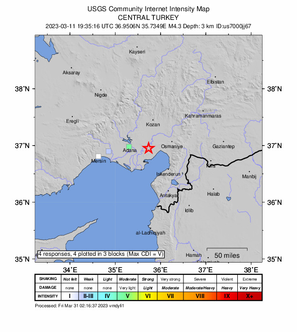 USGS DYFI community-reported intensity map for the M4.3 earthquake near 11 km SW of Ceyhan, Turkey
