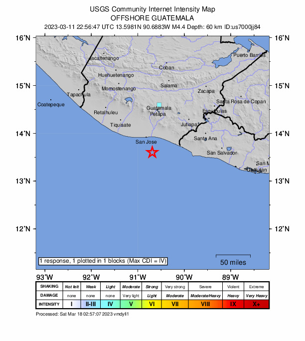 USGS DYFI community-reported intensity map for the M4.4 earthquake near 37 km S of Iztapa, Guatemala