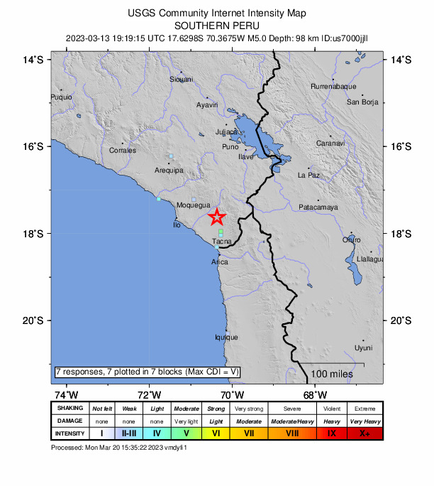 USGS DYFI community-reported intensity map for the M4.9 earthquake near 22 km SW of Chipispaya, Peru