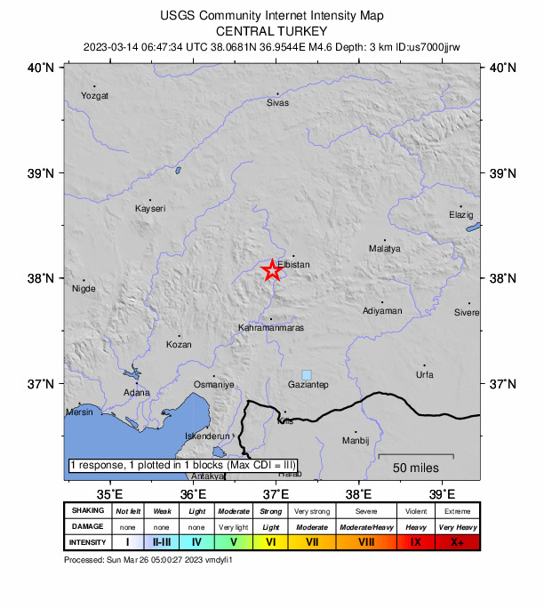 USGS DYFI community-reported intensity map for the M4.6 earthquake near 20 km S of Afşin, Turkey