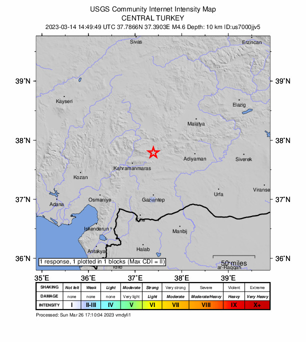 USGS DYFI community-reported intensity map for the M4.6 earthquake near Central Turkey