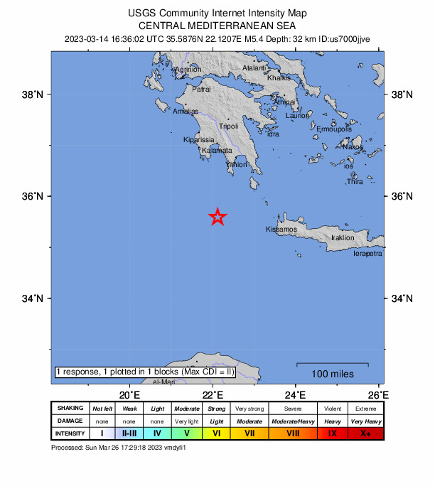 USGS DYFI community-reported intensity map for the M5.4 earthquake near 101 km SW of K?thira, Greece