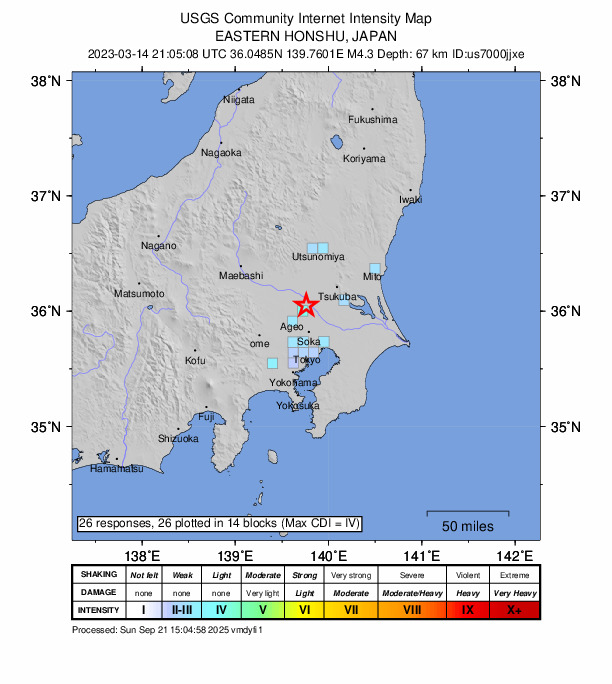 USGS DYFI community-reported intensity map for the M4.3 earthquake near 3 km ENE of Sugito, Japan