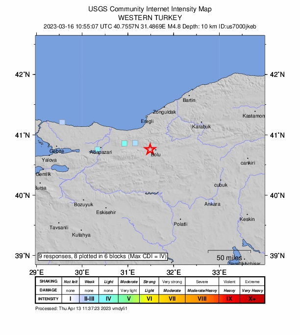 USGS DYFI community-reported intensity map for the M4.8 earthquake near 8 km W of Bolu, Turkey