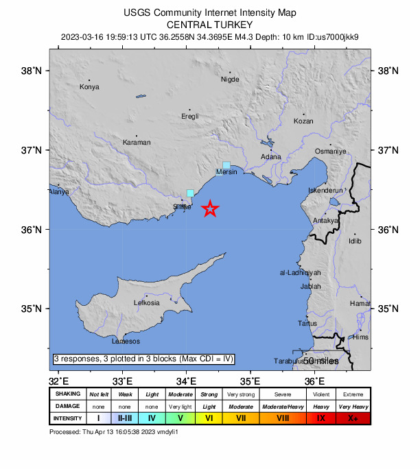 USGS DYFI community-reported intensity map for the M4.3 earthquake near 30 km SE of Kızkalesi, Turkey