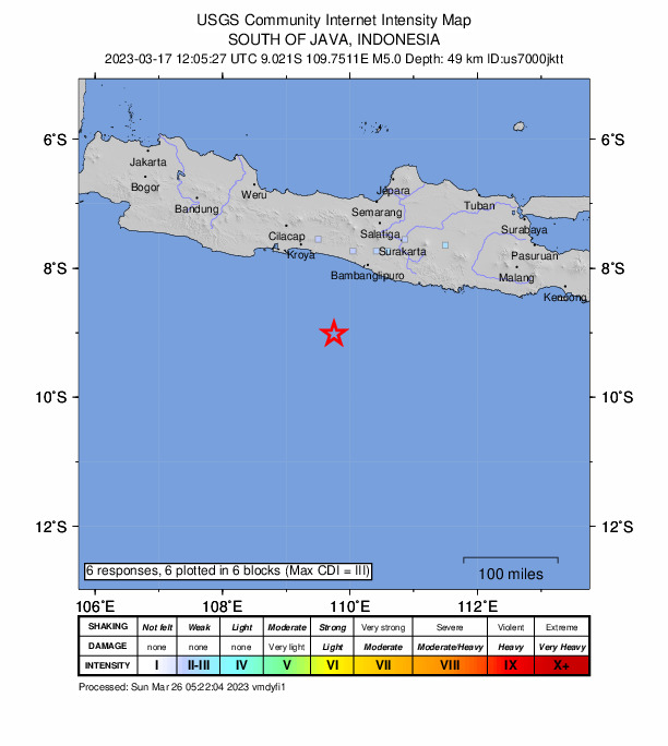 USGS DYFI community-reported intensity map for the M5.0 earthquake near south of Java, Indonesia