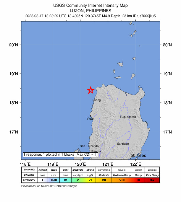 USGS DYFI community-reported intensity map for the M4.9 earthquake near Luzon, Philippines