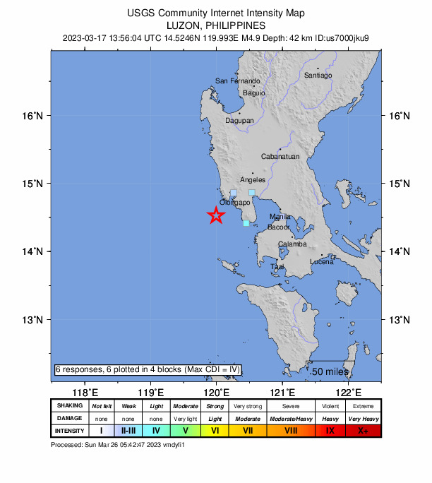 USGS DYFI community-reported intensity map for the M4.9 earthquake near 33 km SW of Sabang, Philippines