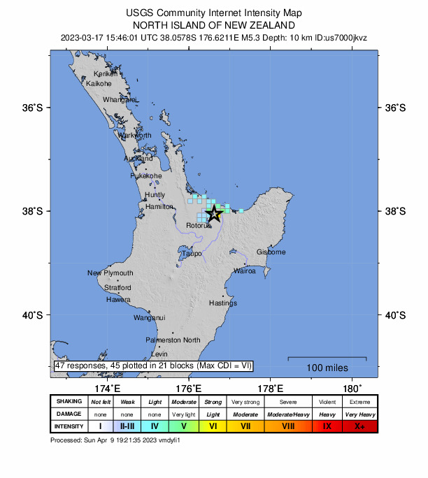 USGS DYFI community-reported intensity map for the M5.3 earthquake near 8 km WNW of Kawerau, New Zealand