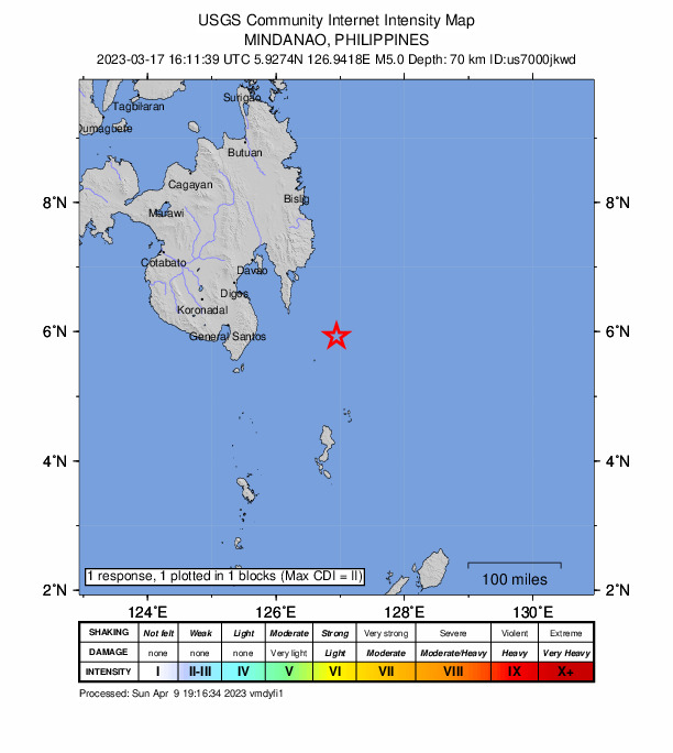 USGS DYFI community-reported intensity map for the M5.0 earthquake near 97 km ESE of Pondaguitan, Philippines
