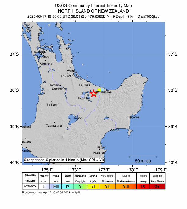 USGS DYFI community-reported intensity map for the M4.9 earthquake near 9 km WNW of Kawerau, New Zealand