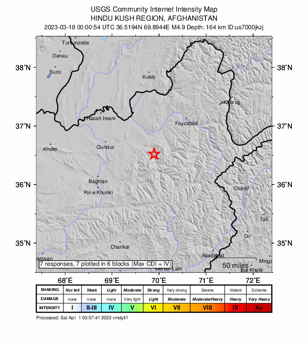 USGS DYFI community-reported intensity map for the M4.9 earthquake near Hindu Kush region, Afghanistan