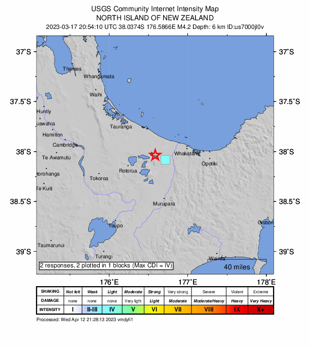 USGS DYFI community-reported intensity map for the M4.2 earthquake near 12 km NW of Kawerau, New Zealand