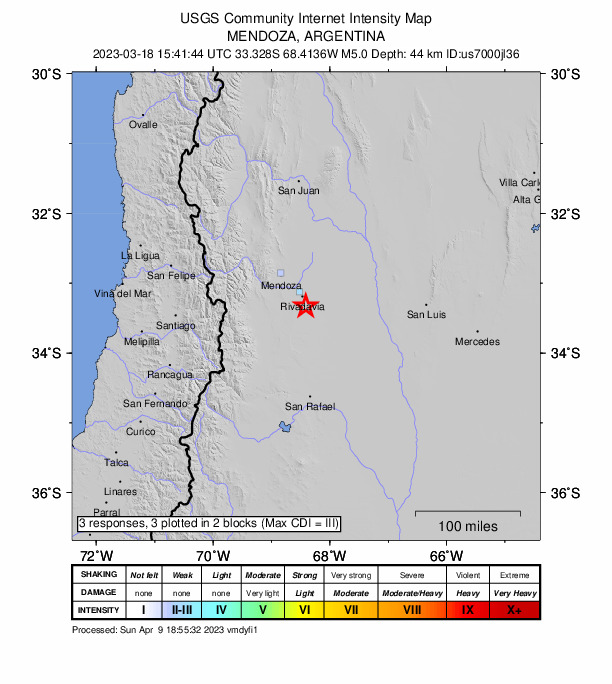 USGS DYFI community-reported intensity map for the M4.8 earthquake near 27 km S of San Martín, Argentina