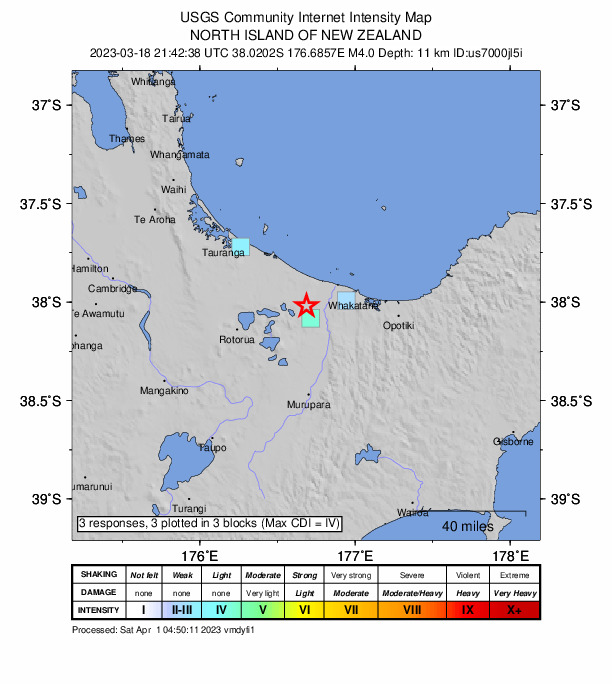 USGS DYFI community-reported intensity map for the M4.0 earthquake near 7 km N of Kawerau, New Zealand