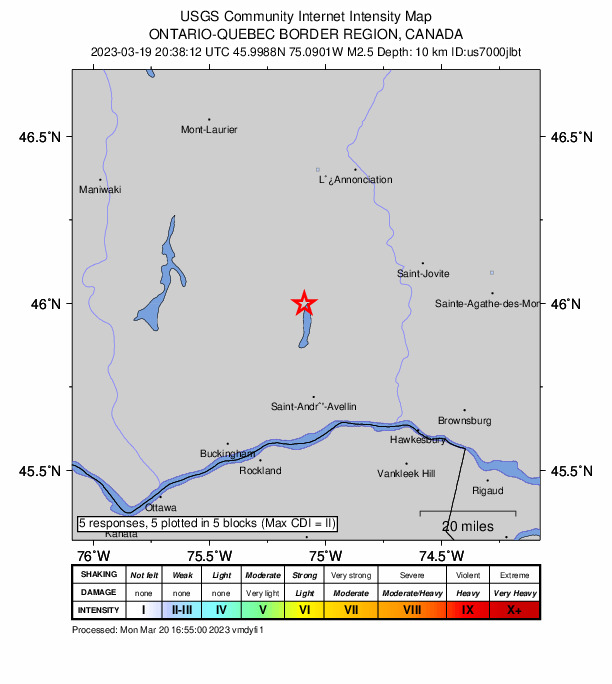 USGS DYFI community-reported intensity map for the M2.5 earthquake near Quebec, Canada