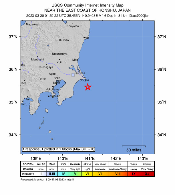 USGS DYFI community-reported intensity map for the M4.6 earthquake near 28 km SSE of Hasaki, Japan