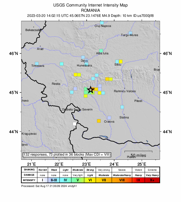 USGS DYFI community-reported intensity map for the M4.9 earthquake near 2 km SSE of Arcani, Romania