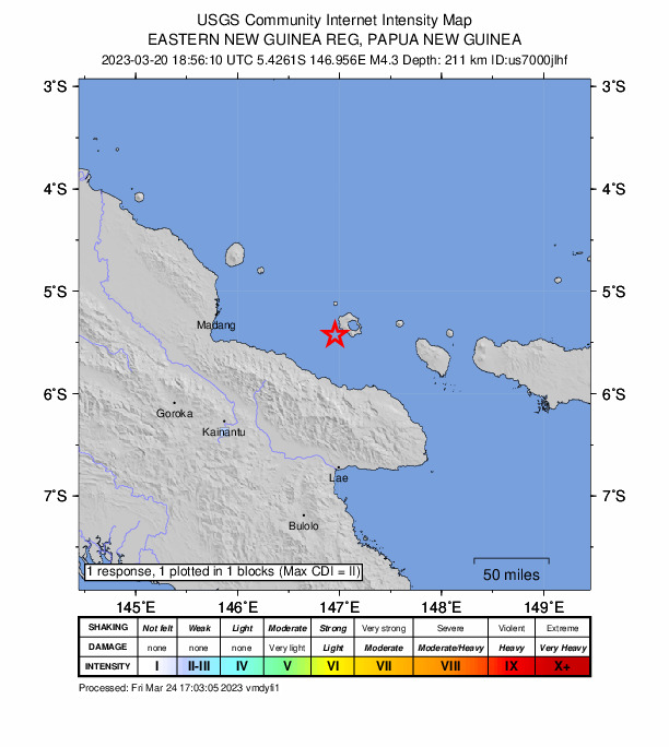 USGS DYFI community-reported intensity map for the M4.4 earthquake near 129 km E of Madang, Papua New Guinea