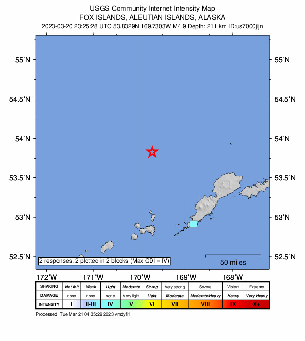 USGS DYFI community-reported intensity map for the M4.9 earthquake near 111 km NNW of Nikolski, Alaska