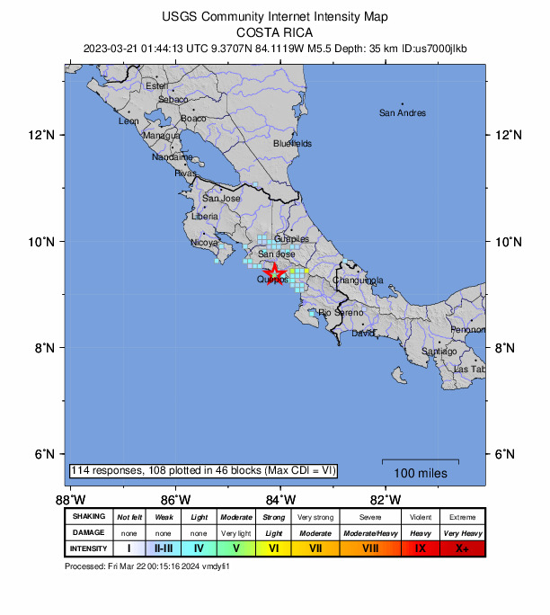 USGS DYFI community-reported intensity map for the M5.5 earthquake near 8 km SE of Quepos, Costa Rica