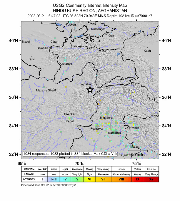 USGS DYFI community-reported intensity map for the M6.5 earthquake near 40 km SSE of Jurm, Afghanistan