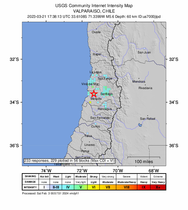 USGS DYFI community-reported intensity map for the M5.6 earthquake near 14 km NW of Melipilla, Chile