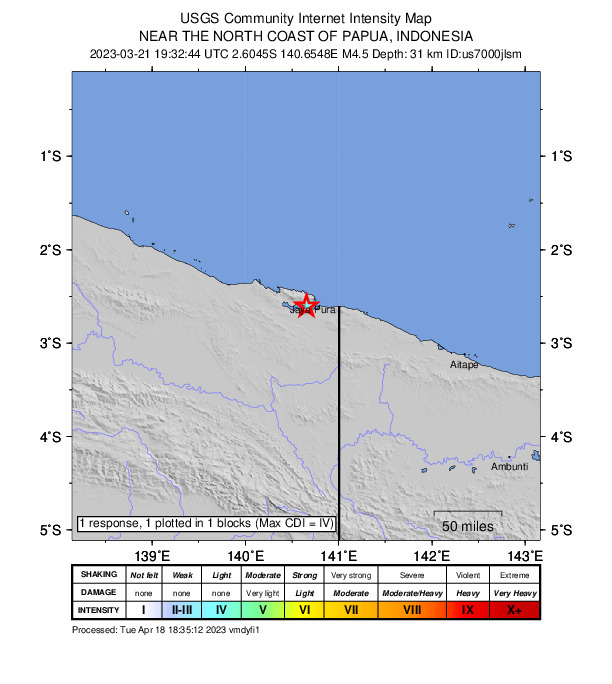 USGS DYFI community-reported intensity map for the M4.5 earthquake near near the north coast of Papua, Indonesia